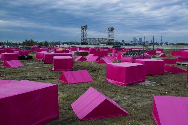 Brad Pitt’s Pink Project film and architecture installation, realized with GRAFT, depicts the houses of New Orleans’ Lower Ninth Ward still left to be rebuilt following Hurricane Katrina. Photo: Ricky Ridecos